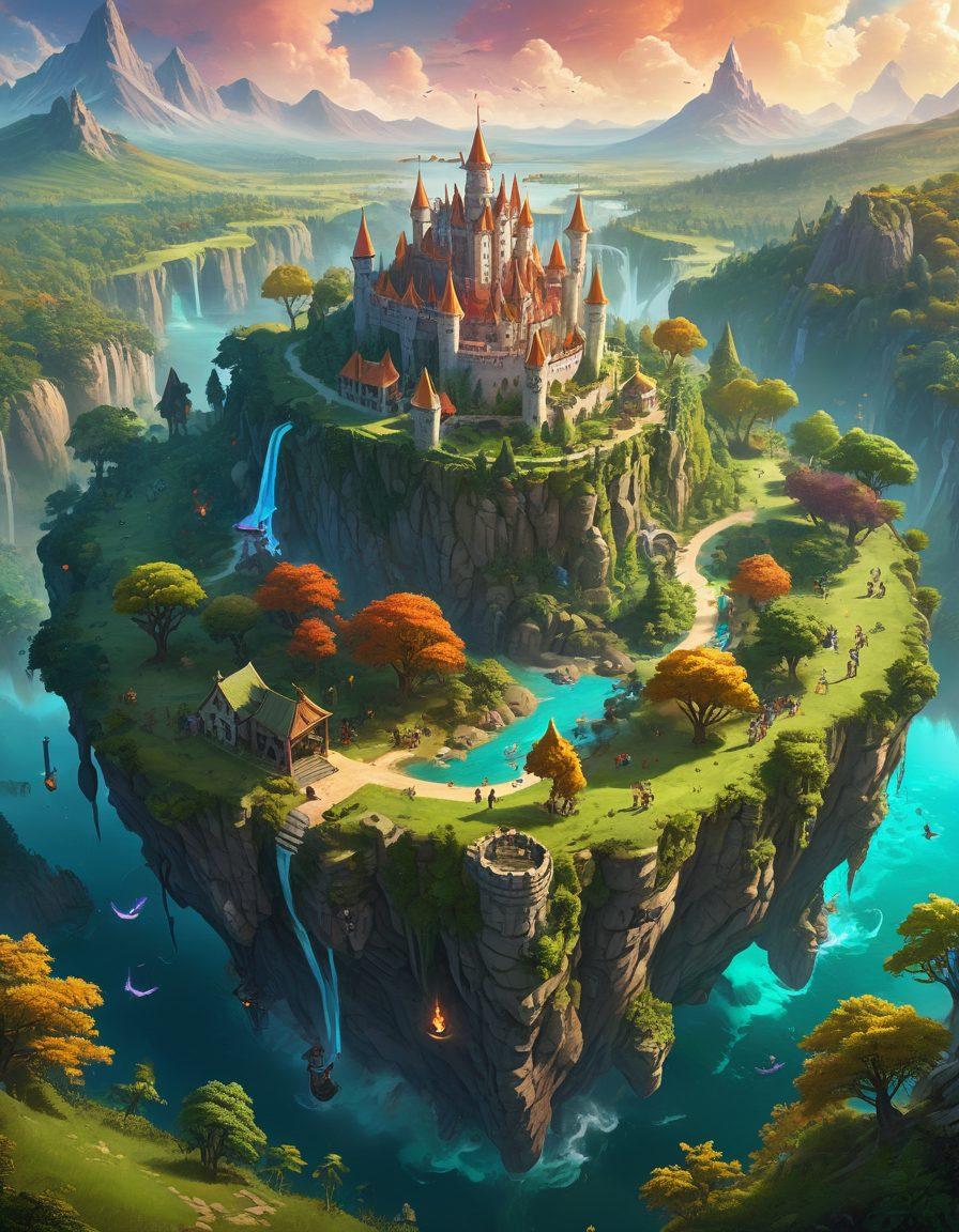 A vibrant digital artwork depicting a fantasy landscape inspired by the game Tibia, featuring lush forests, classic RPG elements like castles and mystical creatures. Include a group of diverse adventurers strategizing over a glowing map, with symbols of new updates and guides hovering around them. The scene should evoke a sense of adventure and community, with colorful spell effects in the background. dynamic colors. fantasy art. 3D.