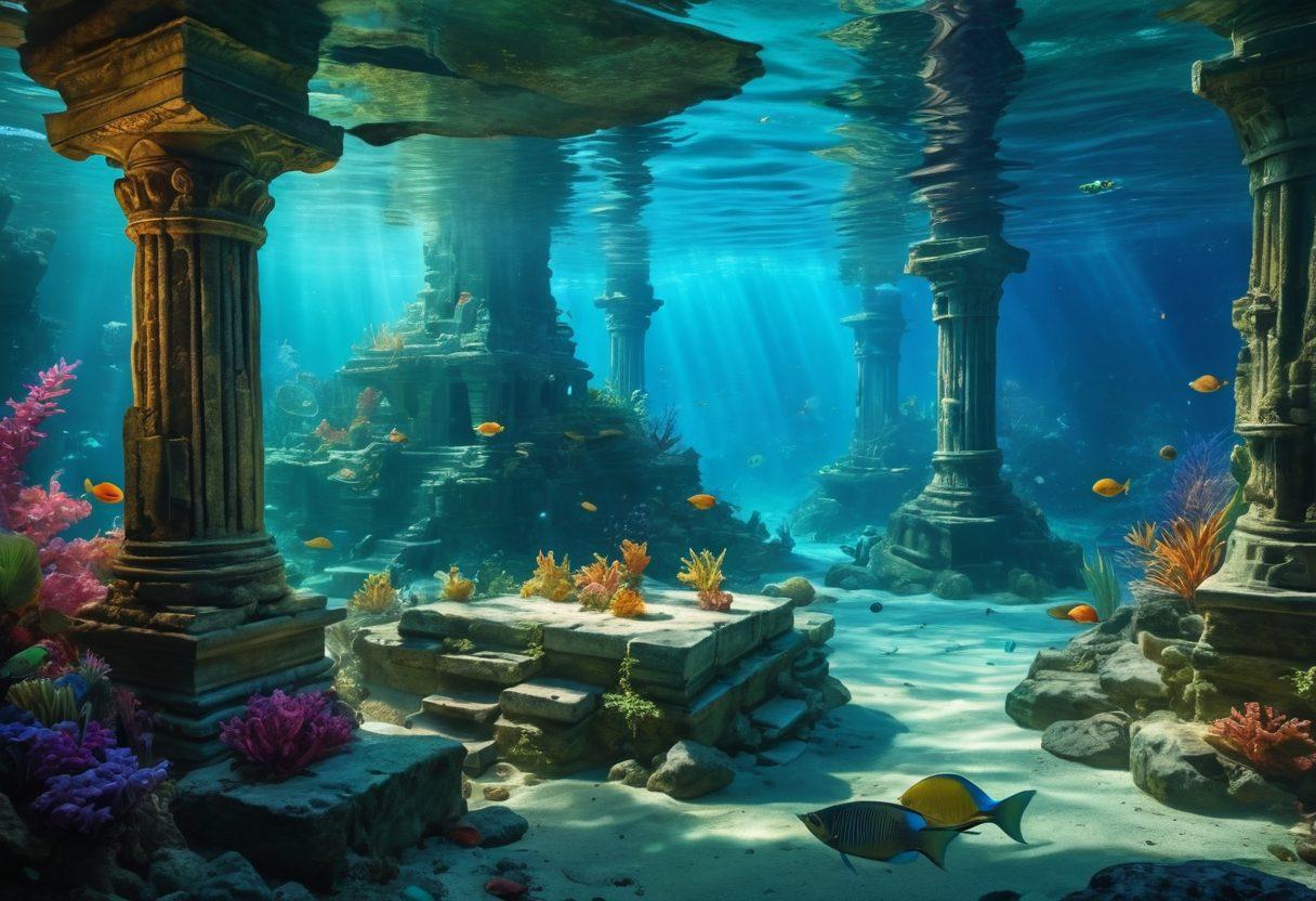 A mystical underwater scene depicting ancient ruins of a sunken city glowing with magical artifacts, surrounded by various exotic sea creatures. Delve into the lore with a treasure map and fantasy books floating nearby, with soft ethereal light filtering through the water. The atmosphere should evoke a sense of adventure and mystery. vibrant colors. super-realistic.